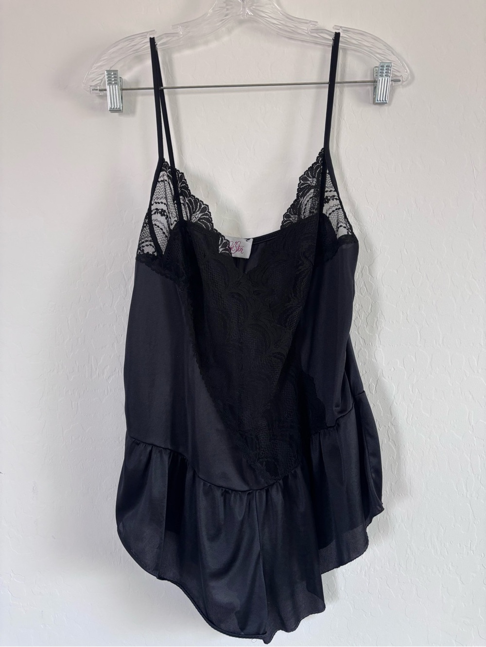 CINESTAR One Piece Nylon Romper Plunge Lace Trim Black Vintage Sexy Size Large